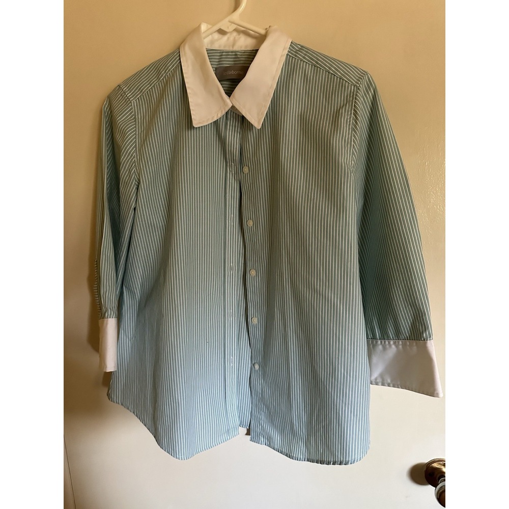 liz claiborne Crop top medium womens Green/white Stripe 3/4 Sleeves Button Front